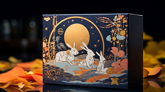三只小兔子在月下月饼包装盒背景图片