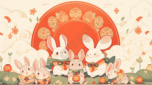 一起过传统节日的卡通兔子们图片