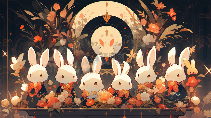 多只可爱的卡通兔子一起过中秋节图片