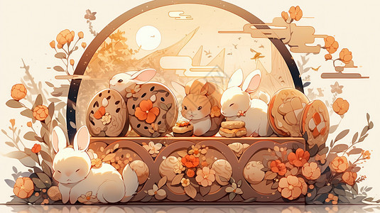 中秋节一起吃月饼的卡通兔子们图片