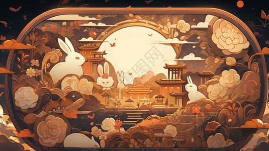 中秋节几只卡通小白兔在古风建筑中赏月背景图片