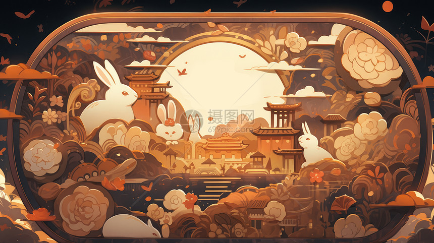 中秋节几只卡通小白兔在古风建筑中赏月图片