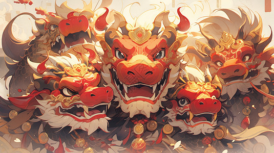 五条守护财富的红色卡通巨龙神兽背景图片