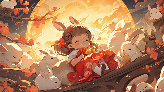 中秋节在圆圆的月亮下睡觉的卡通古风小女孩与小白兔图片