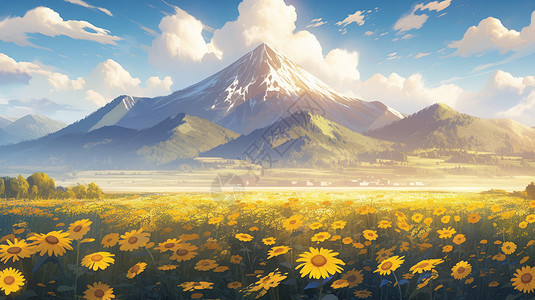 秋天远处的雪山与近处的美丽的小黄花卡通风景图片