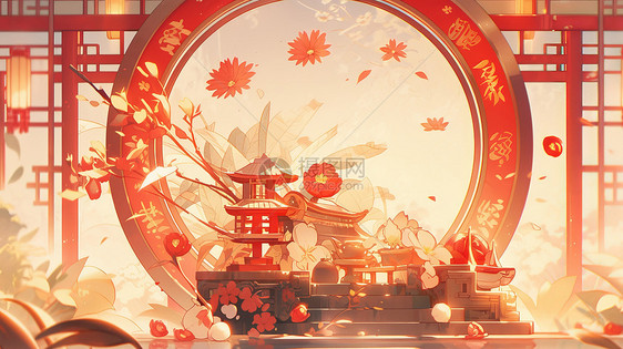 中秋节喜庆的卡通古建筑与花朵图片