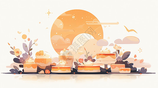 圆圆的中秋节卡通月亮与月饼图片