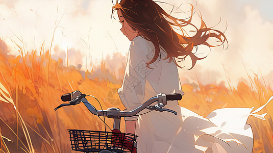 秋天穿白色长裙的卡通女孩靠着自行车在草地中图片