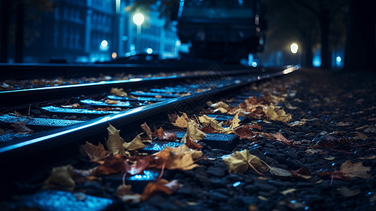秋天落满黄叶的火车轨道图片