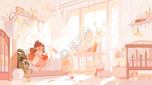 坐在卧室床上玩玩具的卡通小女孩图片