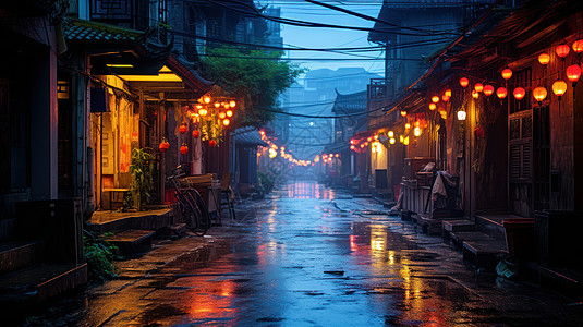 古风灯笼雨后点亮喜庆红色灯笼的古风建筑街道背景