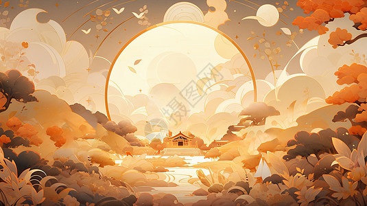 梦幻秋天金黄色卡通森林中小小的古风建筑背景图片