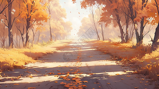 秋天金黄色树林唯美卡通树林风景图片