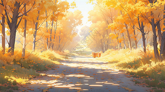 秋天金黄色的卡通唯美林间小路高清图片