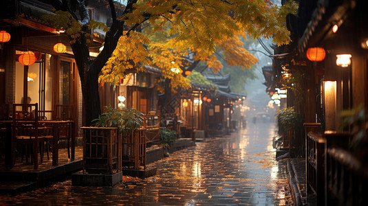 秋天雨后灯火通明的古风商业街背景图片