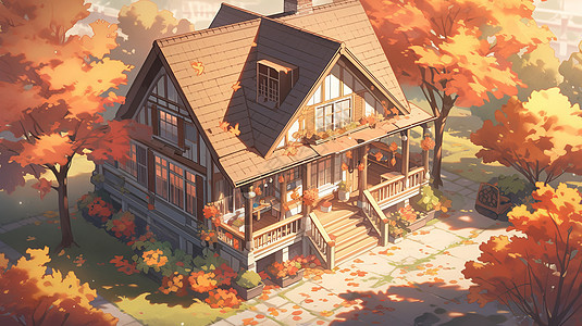 秋天一座周围种满了树的卡通小别墅图片
