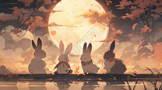 秋天在圆月下赏月的卡通兔子图片