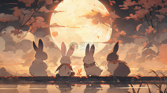 秋天在圆月下赏月的卡通兔子图片
