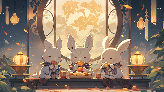 中秋节在一起吃月饼的卡通兔子图片