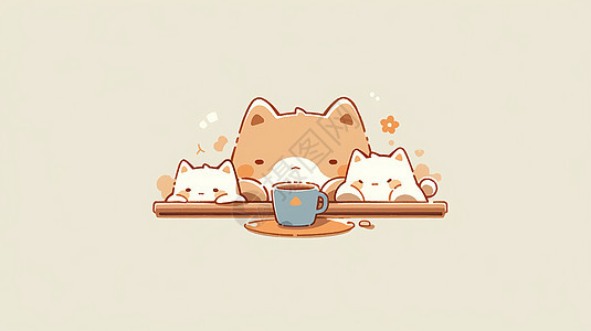 一起看着咖啡的三只可爱卡通小猫图片
