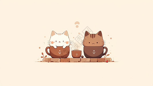 在咖啡杯中两只可爱的卡通猫图片