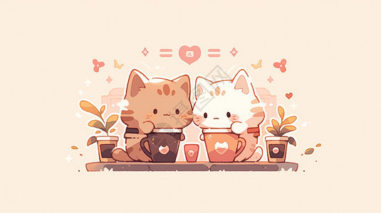 两只在喝咖啡的可爱卡通猫图片