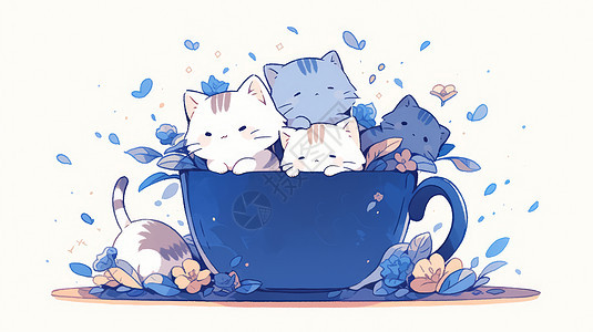 在蓝色杯子中可爱的很多可爱的卡通小花猫图片