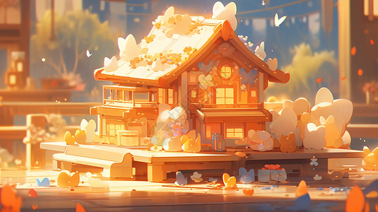 阳光照在温暖可爱的卡通小木屋上图片