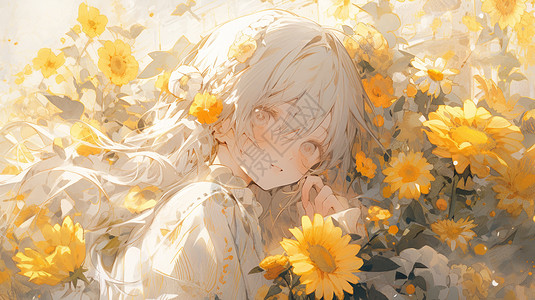 白色长发在向日葵花丛中的卡通女孩图片