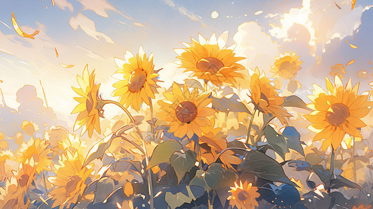 阳光照在盛开的卡通向日葵庄园图片