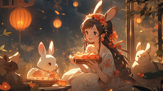 美丽的卡通嫦娥与小白兔一起过中秋节图片