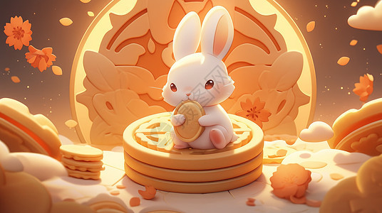 中秋节坐在月饼上吃月饼的卡通小白兔图片