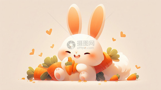 开心吃胡萝卜的可爱卡通小白兔图片