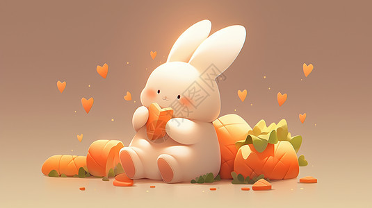抱着胡萝卜块的可爱卡通小白兔图片