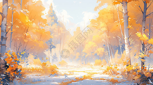 秋天金黄色的卡通树林背景图片
