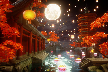 3D立体中秋节夜景赏月创意场景图片