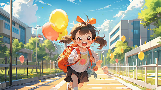 背书包奔跑去上学的卡通女孩图片