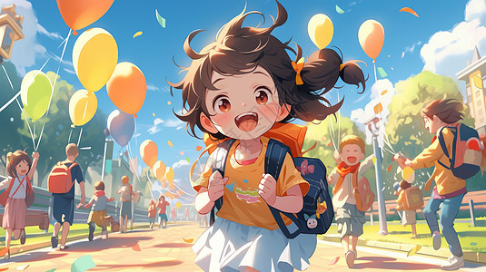 开心奔跑去上学的卡通女孩图片