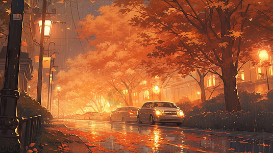 秋天雨中落在汽车旁金黄色卡通叶子图片