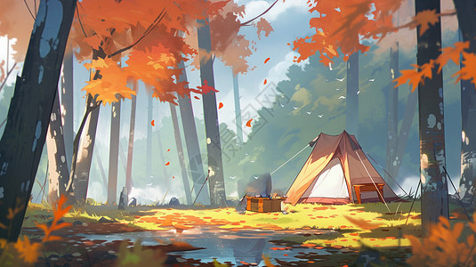 秋天在森林草地上的帐篷卡通风景图片