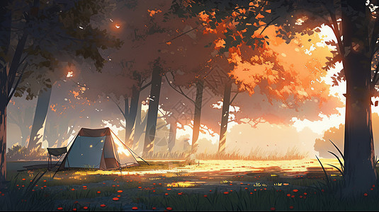 秋天在森林树荫驻扎的帐篷卡通风景图片