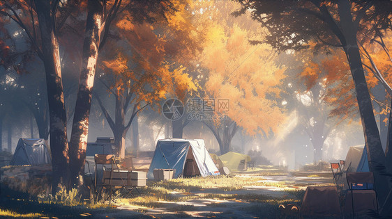 秋天在森林中驻扎的卡通露营营地图片