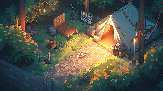 夜晚在森林中露营亮着灯的卡通帐篷图片