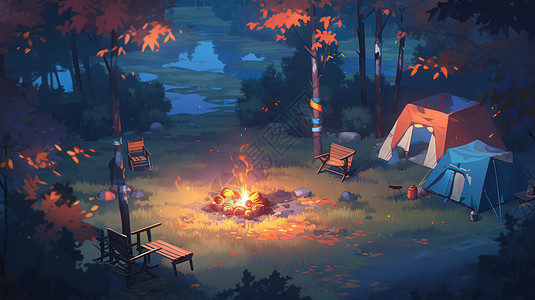 秋天夜晚森林中河流旁点燃篝火露营卡通风景图片