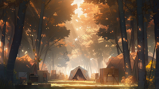 卡通风景秋天在森林中草地上驻扎帐篷露营图片