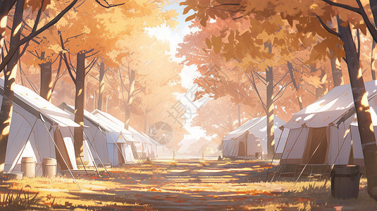 在金黄色卡通森林中一片露营基地背景图片