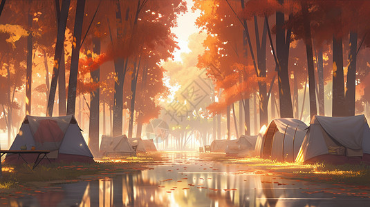 秋天唯美卡通风景在高高的树下驻扎着两排帐篷图片
