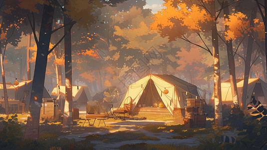 温暖的阳光照在森林中露营帐篷卡通风景图片