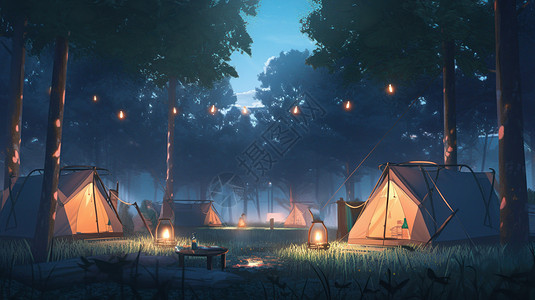 夜晚森林中草地上亮着灯露营的卡通帐篷图片