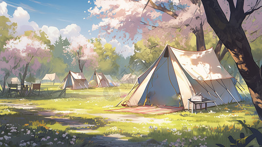 在唯美的卡通森林中有很多露营帐篷图片